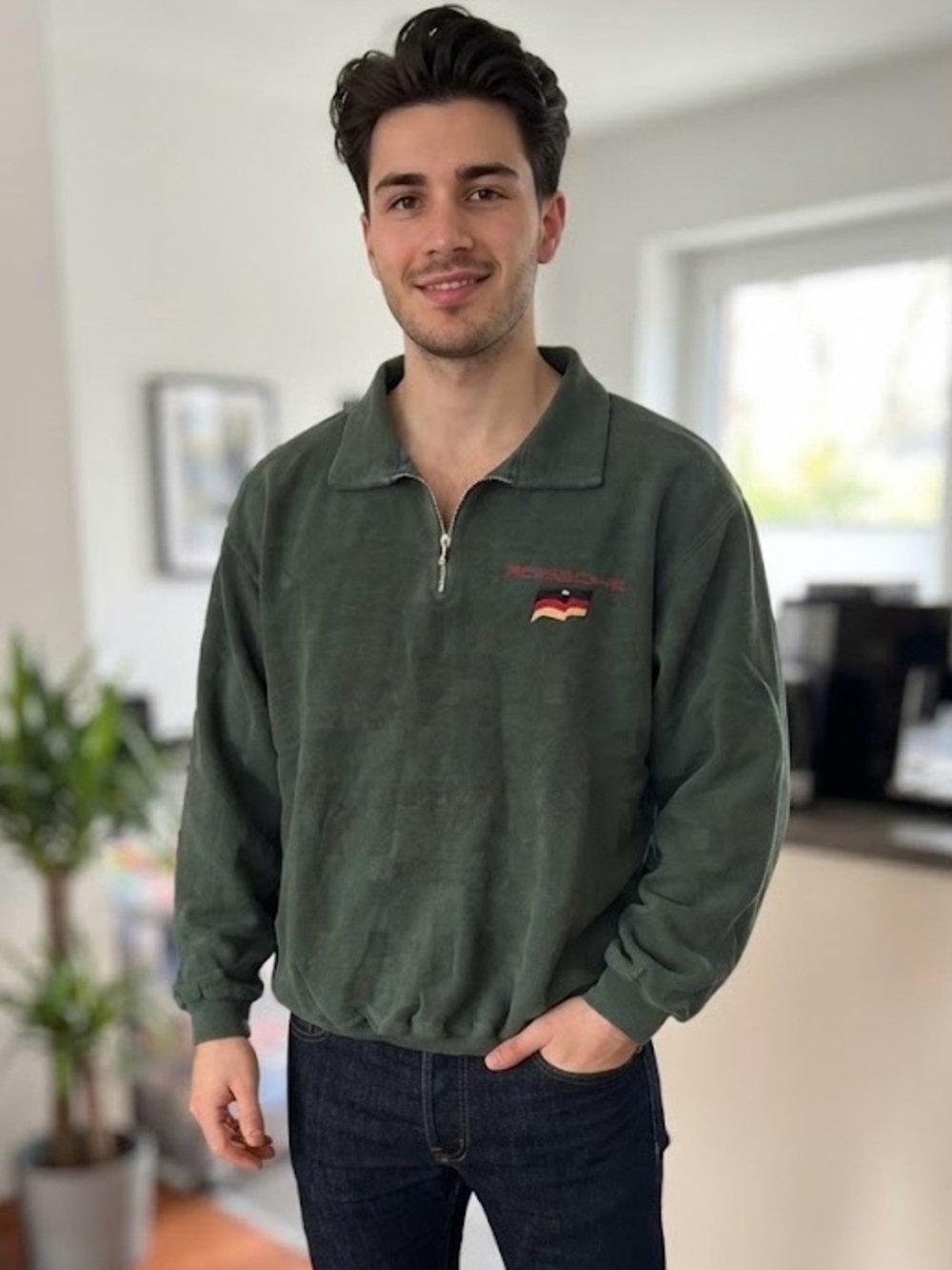 Autobahn Porsche Germany Green Quarter-Zip Pullover 100% Cotton Vintage Car Fan